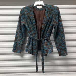 Erin London Jacket Women's Medium Brown Blue Long Sleeve Fuzzy Belted Blazer